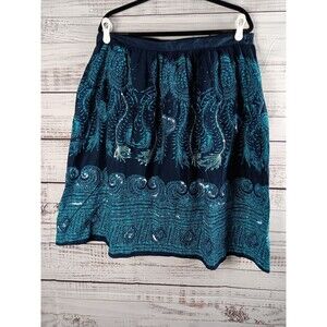 Bill Blass Midi Skirt Women's 16 Blue 100% Cotton  Beaded
